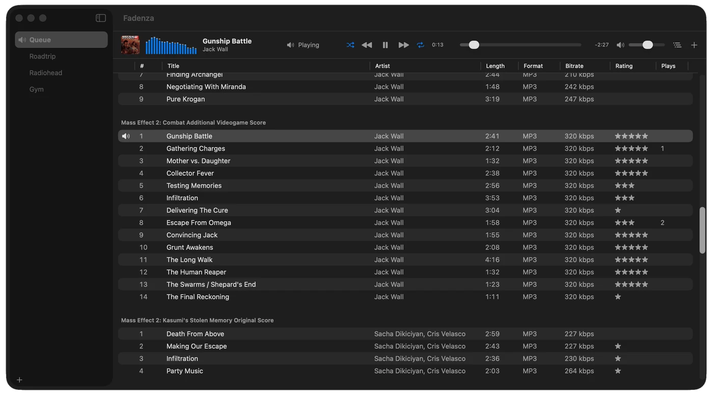 The Fadenza window: a playlist sidebar, a
           sortable track table grouped by album, and the player bar with its spectrum meter.